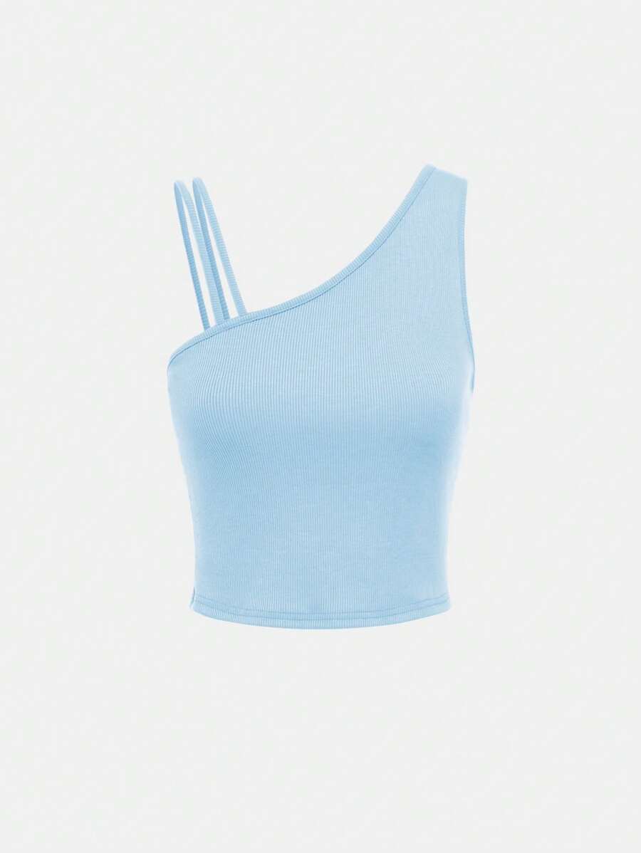 SHEIN Tank Tops & Camis Bé Gái Bất đối xứng Gân đan màu trơn Giải trí - Màu xanh nhạt - Xem 1