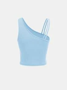 SHEIN Tank Tops & Camis Bé Gái Bất đối xứng Gân đan màu trơn Giải trí - Màu xanh nhạt - Xem 2