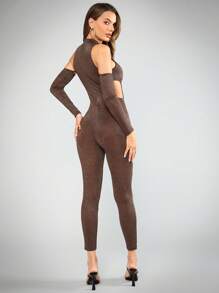 SHEIN BAE 鏤空金屬亮絲彈力緊身連體褲 - 咖啡棕 - 查看 2
