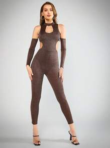 SHEIN BAE 鏤空金屬亮絲彈力緊身連體褲 - 咖啡棕 - 查看 1