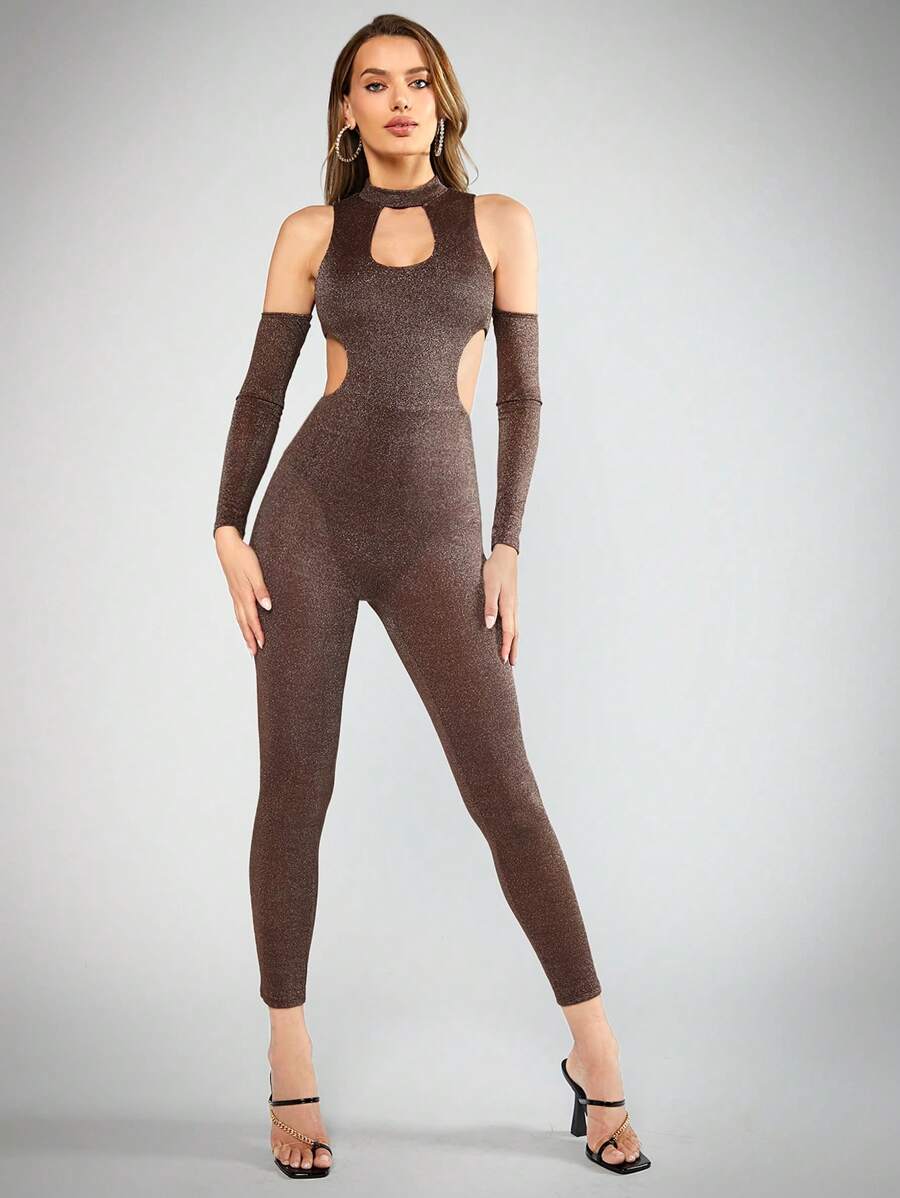 SHEIN BAE 鏤空金屬亮絲彈力緊身連體褲 - 咖啡棕 - 查看 1
