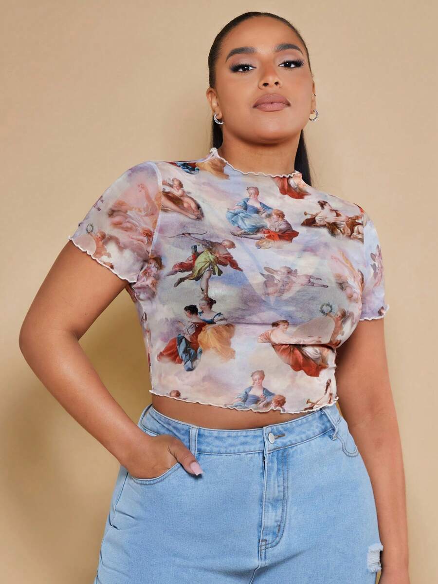 SHEIN BAE áo nữ kích thước lớn Xù nhỏ cắt Con số Cà vạt nhuộm Giải trí - Nhiều màu - Xem 1