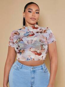 SHEIN BAE áo nữ kích thước lớn Xù nhỏ cắt Con số Cà vạt nhuộm Giải trí - Nhiều màu - Xem 3