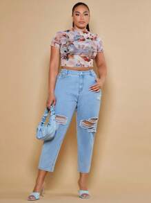 SHEIN BAE áo nữ kích thước lớn Xù nhỏ cắt Con số Cà vạt nhuộm Giải trí - Nhiều màu - Xem 5
