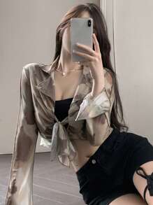 DAZY Nhuộm buộc Nút phía trước Mùa vụ Lưới Áo - Nhiều màu - Xem 1