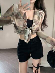 DAZY Nhuộm buộc Nút phía trước Mùa vụ Lưới Áo - Nhiều màu - Xem 4