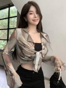 DAZY Nhuộm buộc Nút phía trước Mùa vụ Lưới Áo - Nhiều màu - Xem 5