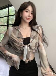 DAZY Nhuộm buộc Nút phía trước Mùa vụ Lưới Áo - Nhiều màu - Xem 6