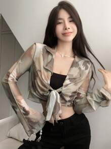 DAZY Nhuộm buộc Nút phía trước Mùa vụ Lưới Áo - Nhiều màu - Xem 7