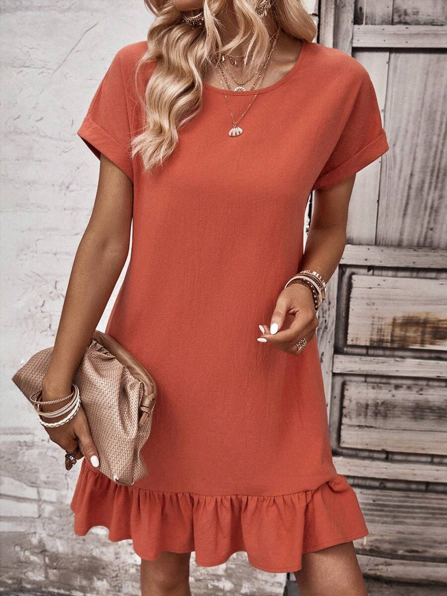 SHEIN LUNE Đầm Viên lá sen màu trơn Dễ thương - trái cam - Xem 1