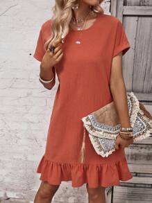 SHEIN LUNE Đầm Viên lá sen màu trơn Dễ thương - trái cam - Xem 6