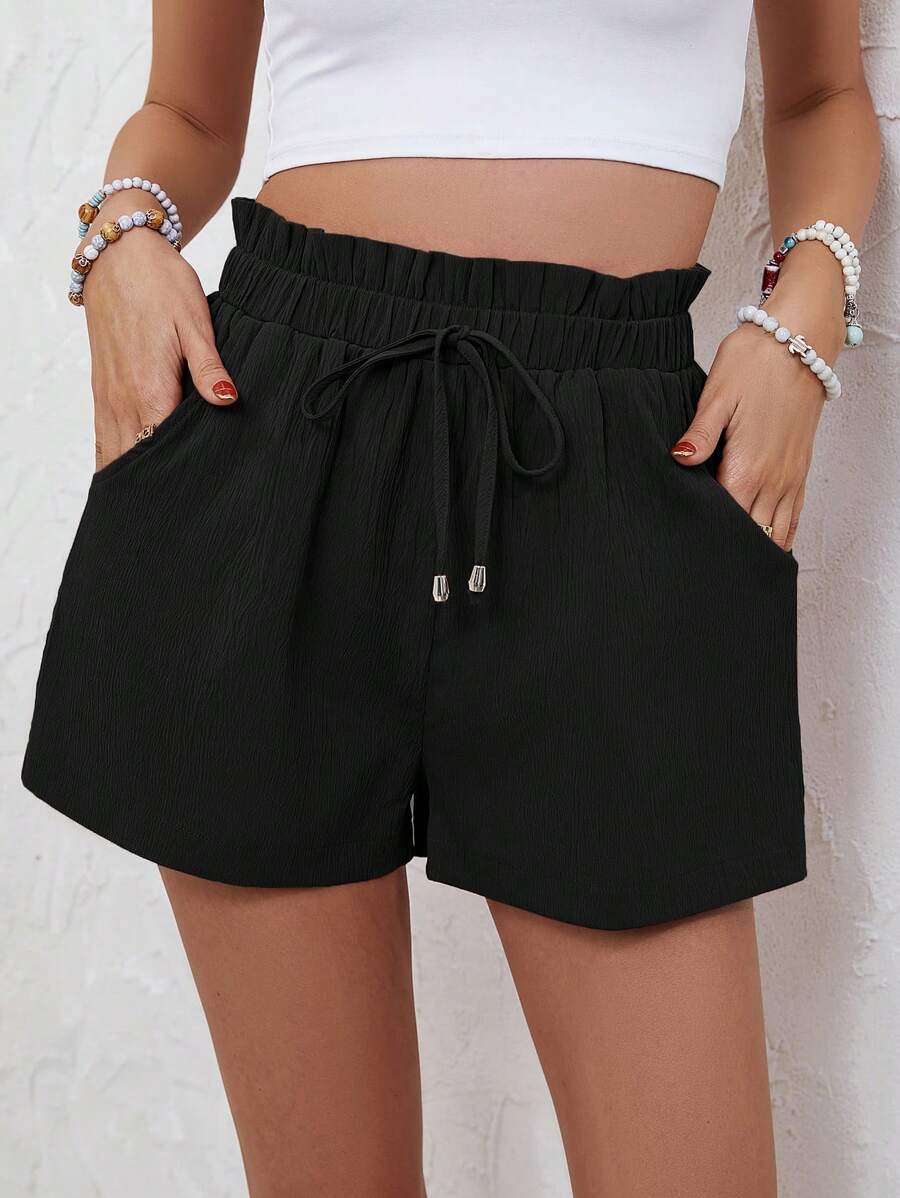 SHEIN Frenchy Paperbag Waist Knot Front Shorts - Black - View 1