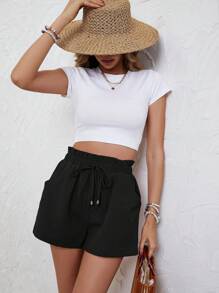 SHEIN Frenchy Paperbag Waist Knot Front Shorts - Black - View 6