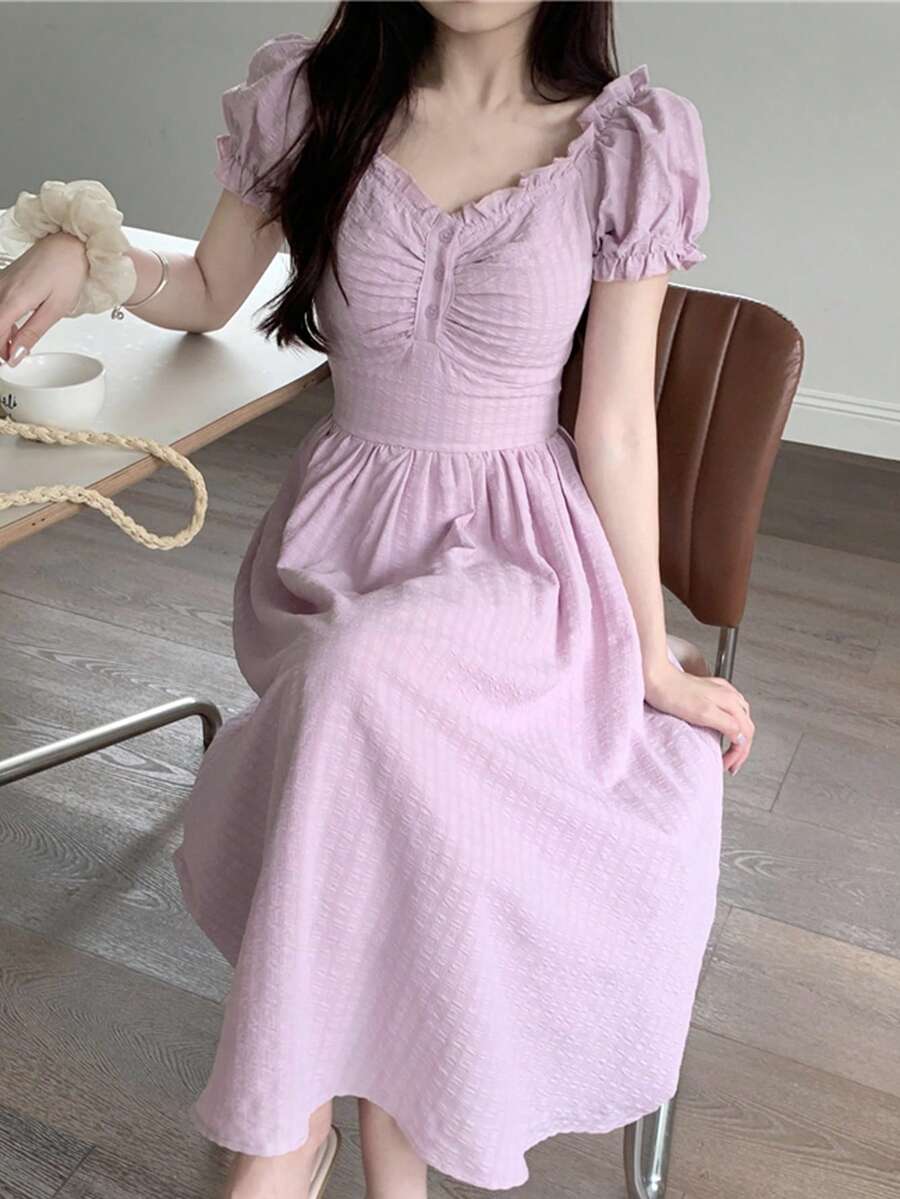 Vestido unicolor ribete fruncido pecho con fruncido - Lila Púrpura - Ver 1