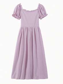 Vestido unicolor ribete fruncido pecho con fruncido - Lila Púrpura - Ver 2