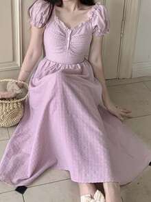 Vestido unicolor ribete fruncido pecho con fruncido - Lila Púrpura - Ver 3