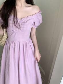 Vestido unicolor ribete fruncido pecho con fruncido - Lila Púrpura - Ver 4