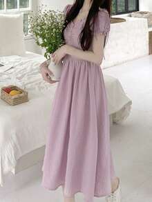 Vestido unicolor ribete fruncido pecho con fruncido - Lila Púrpura - Ver 5