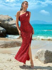 One Shoulder Cut Out Split Thigh Sequin Dress - Red - View 1