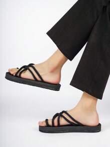 Slippers For Men, Criss Cross Toe Ring Design Flip Flops - Black - View 2