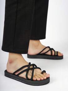 Slippers For Men, Criss Cross Toe Ring Design Flip Flops - Black - View 7