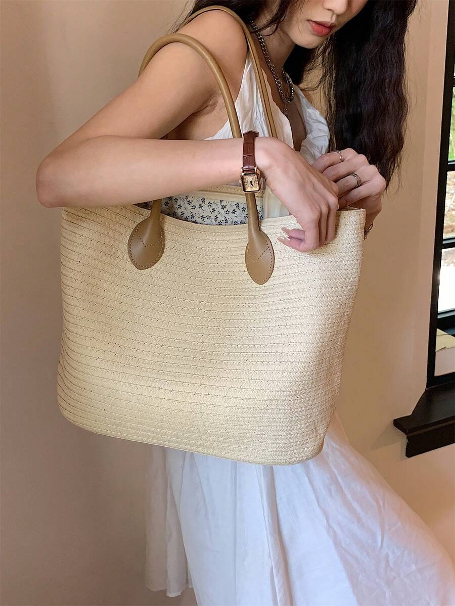 Minimalist Straw Bag Large Capacity Vacation Double Handle - Beige - View 1