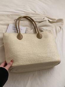 Minimalist Straw Bag Large Capacity Vacation Double Handle - Beige - View 2
