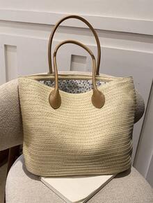 Minimalist Straw Bag Large Capacity Vacation Double Handle - Beige - View 3
