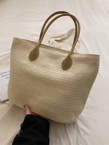 Minimalist Straw Bag Large Capacity Vacation Double Handle - Beige - View 5