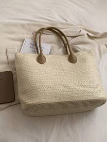 Minimalist Straw Bag Large Capacity Vacation Double Handle - Beige - View 6