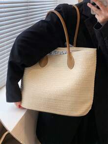 Minimalist Straw Bag Large Capacity Vacation Double Handle - Beige - View 7