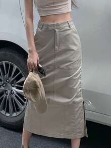 Falda unicolor con cordón lateral bajo con abertura - Gris Claro - Ver 4