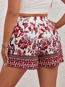 SHEIN VCAY 大碼印花流蘇腰部打結短褲 - 紅色 - 查看 2