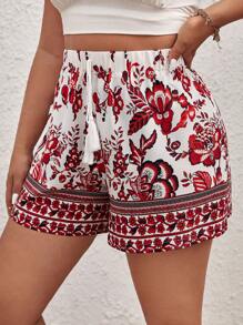 SHEIN VCAY 大碼印花流蘇腰部打結短褲 - 紅色 - 查看 5