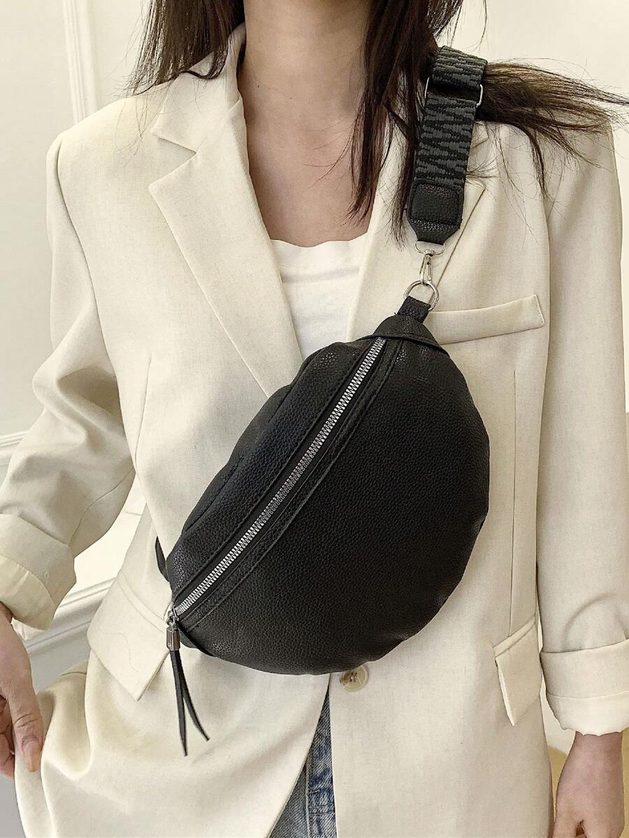 Litchi Embossed Fanny Pack Medium Zipper Black - Black - View 1