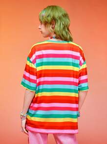 ROMWE Kawaii 彩虹條紋落肩T恤 - 彩色 - 查看 2