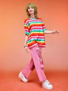 ROMWE Kawaii 彩虹條紋落肩T恤 - 彩色 - 查看 3