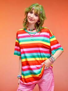 ROMWE Kawaii 彩虹條紋落肩T恤 - 彩色 - 查看 5