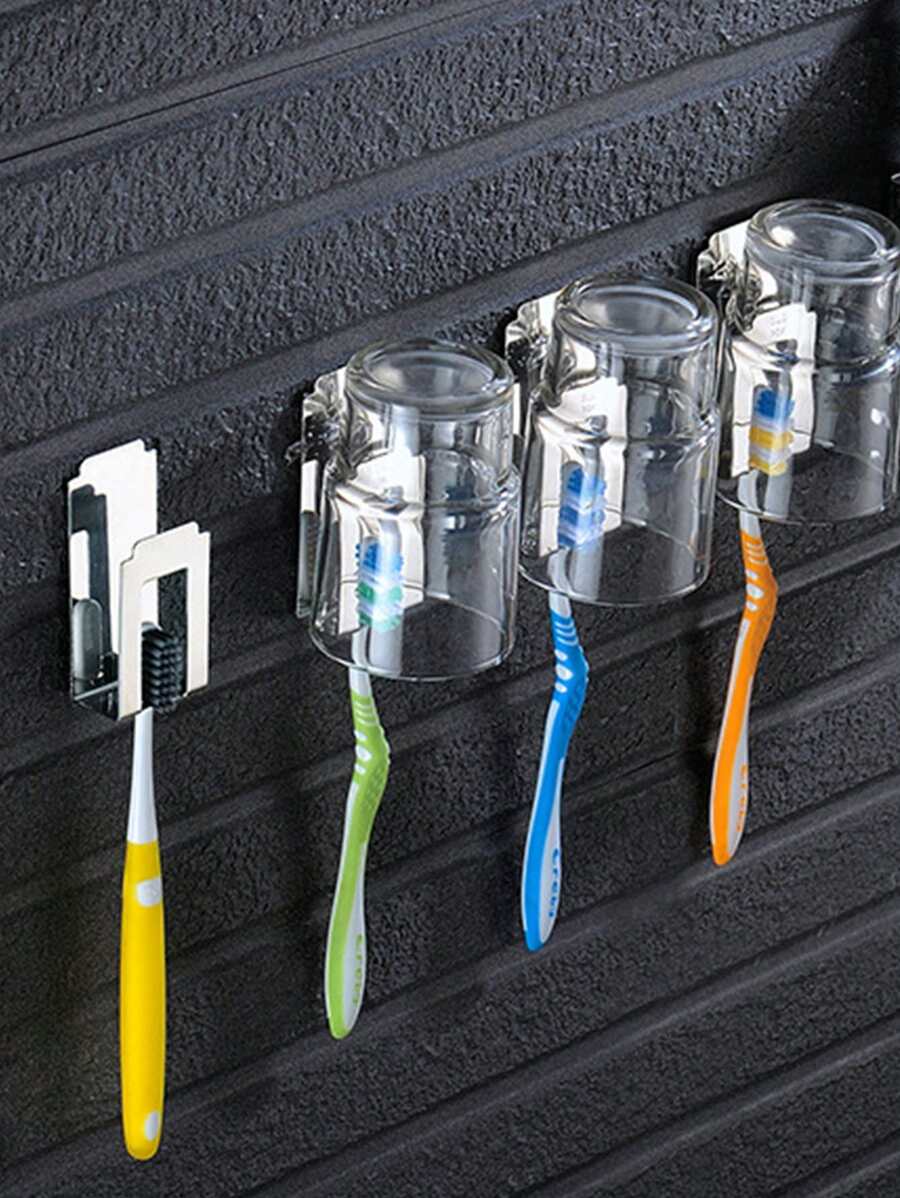 1pc Wall Mounted Toothbrush Holder, Silver Stainless Steel Toothbrush Rack, Gargle Cup Hook, For Bathroom - Silver - View 1