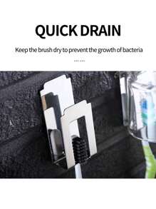 1pc Wall Mounted Toothbrush Holder, Silver Stainless Steel Toothbrush Rack, Gargle Cup Hook, For Bathroom - Silver - View 3