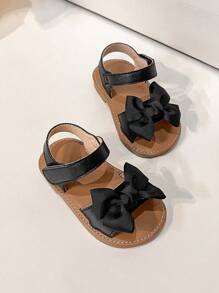 女嬰蝴蝶結裝飾魔術貼防滑可愛踝帶平底涼鞋適合夏天 - 黑色 - 查看 1