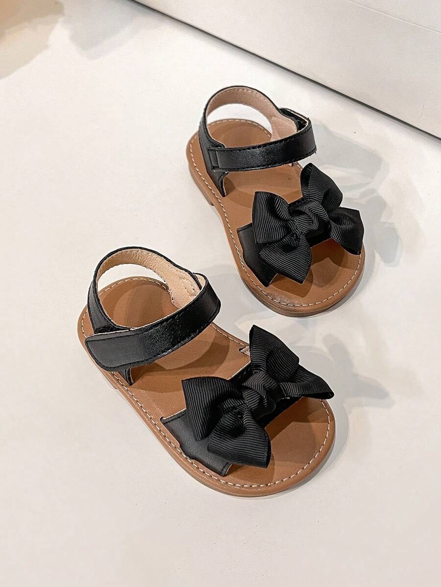 女嬰蝴蝶結裝飾魔術貼防滑可愛踝帶平底涼鞋適合夏天 - 黑色 - 查看 1