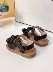 女嬰蝴蝶結裝飾魔術貼防滑可愛踝帶平底涼鞋適合夏天 - 黑色 - 查看 2