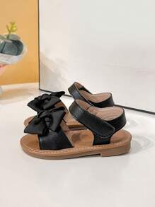 女嬰蝴蝶結裝飾魔術貼防滑可愛踝帶平底涼鞋適合夏天 - 黑色 - 查看 4