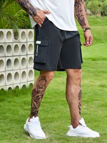 Manfinity Homme Men Plus Flap Pocket Side Drawstring Waist Cargo Shorts - Black - View 2