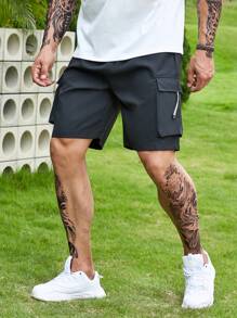 Manfinity Homme Men Plus Flap Pocket Side Drawstring Waist Cargo Shorts - Black - View 4