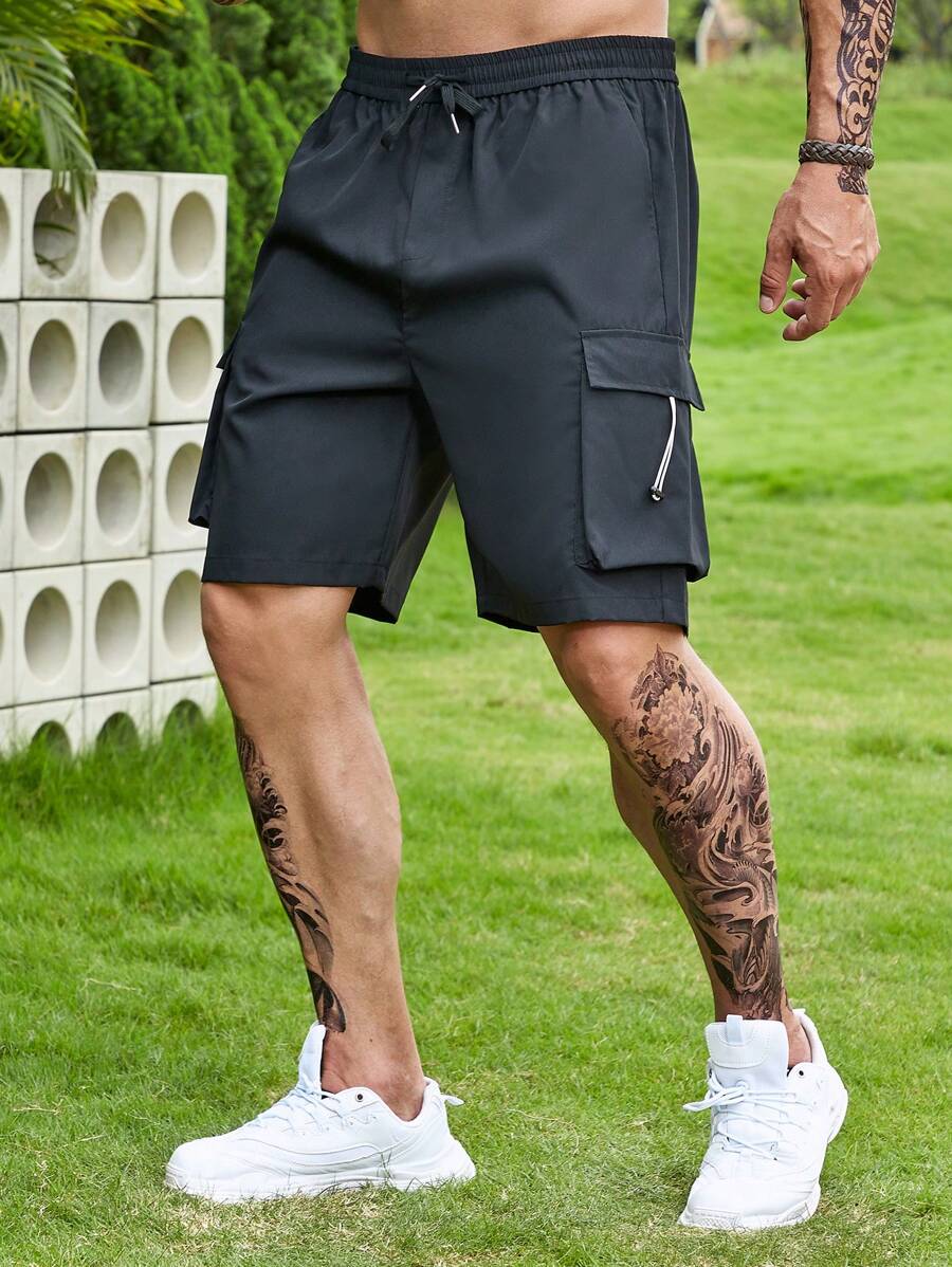 Manfinity Homme Men Plus Flap Pocket Side Drawstring Waist Cargo Shorts - Black - View 1