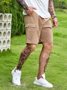 Manfinity Homme Men Plus Flap Pocket Drawstring Waist Cargo Shorts - Khaki - View 5