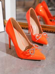 Glamorous Orange Pumps For Women, Rhinestone & Bow Decor Point Toe Stiletto Heeled Court Pumps - Orange - View 4