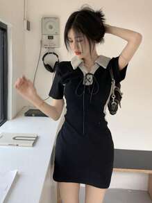 Contrast Collar Lace Up Front Bodycon Dress - Black - View 1